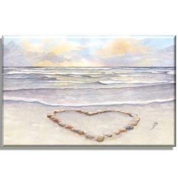 Leinwand 40 x 30 cm Keilrahmen Canvas-Leinen  Sonnenuntergang Strand mit Muschelherz  - Sylt19 - Beschriftung nach Wahl möglich. Aquarell Maritim Kunst Druck Kunstdruck Dänemark Nordsee Düne Dünen Meer Möwe Ostsee